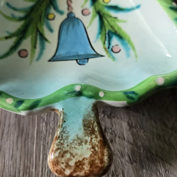 Vintage Japan Ceramic Christmas Tree Dish Blue Bell Pink Bow Hand Painted 10" - Picture 7 of 10